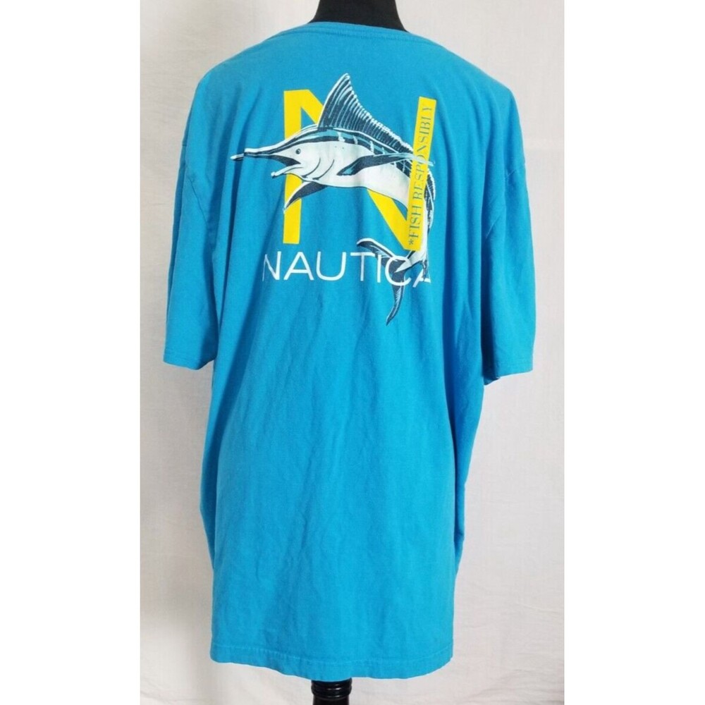Nautica Fish Responsibly T Shirt Hawaiian Blue Short Sleeve Back Logo XXL Cotton